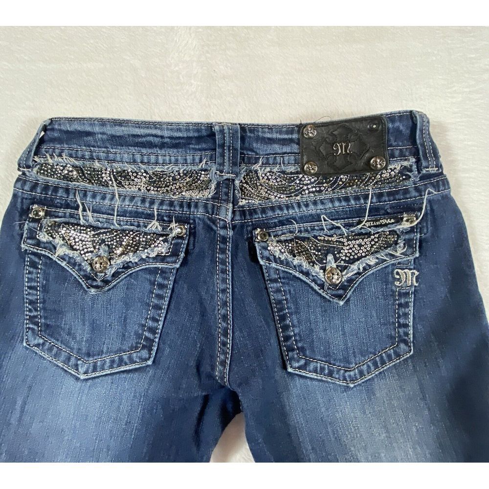 Miss Me Jeans Sz 32 Boot Faded Whiskered Flap Stretch Studded Embellished Low